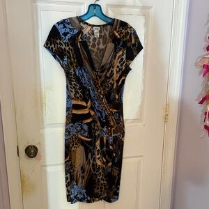 Cache Blue and Brown Animal Print Midi Dress